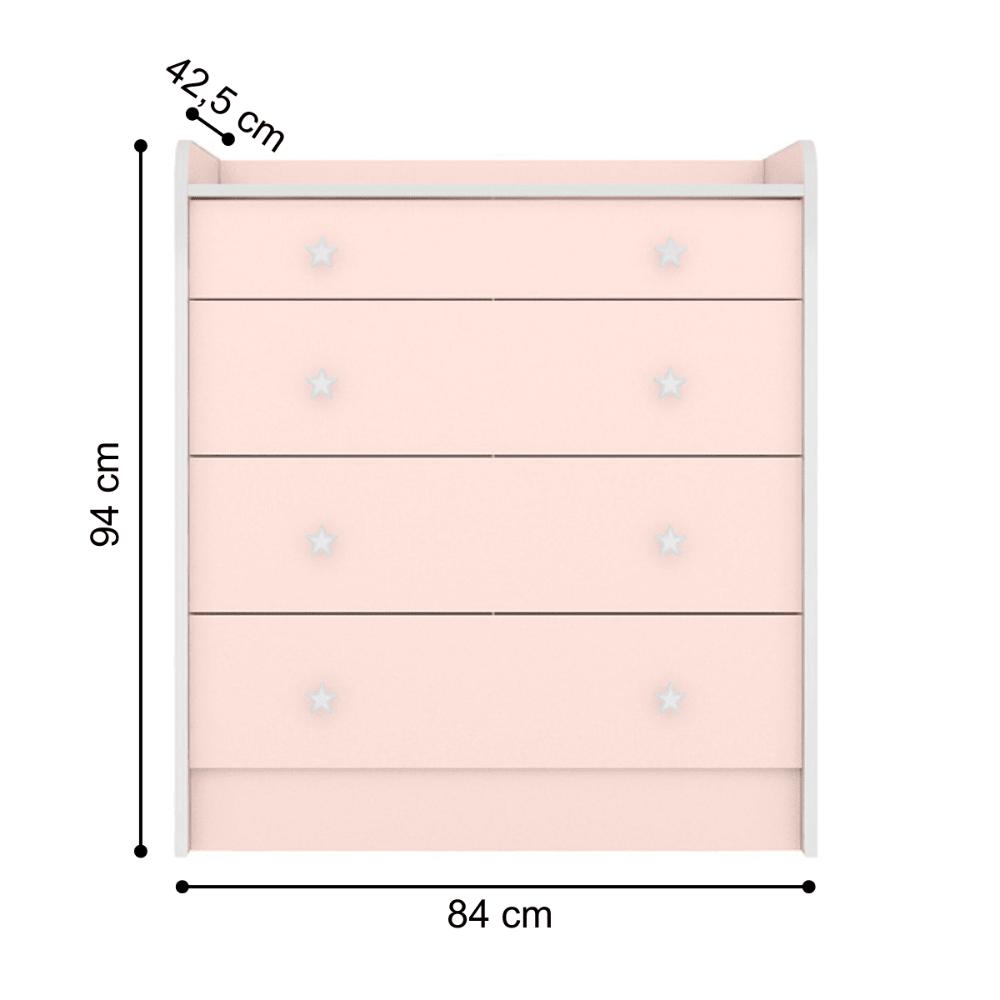 Conjunto Aurora Rosa Acetinado: Cômoda Aurora 4 gavetas + Guarda-Roupa Infantil Aurora 2 portas
