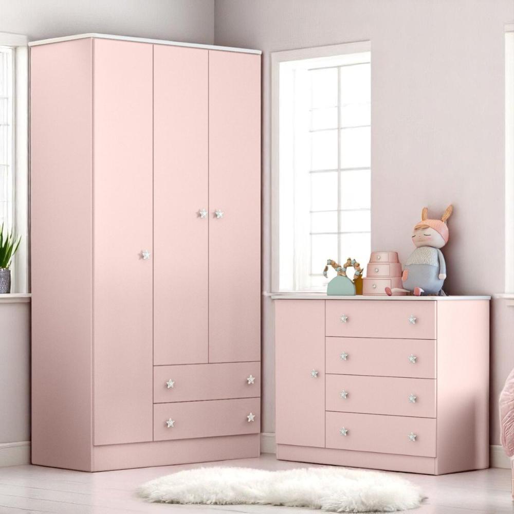 Conjunto Aurora Rosa Acetinado: Cômoda Sapateira Aurora + Guarda-Roupa Aurora 3 portas e 2 gavetas