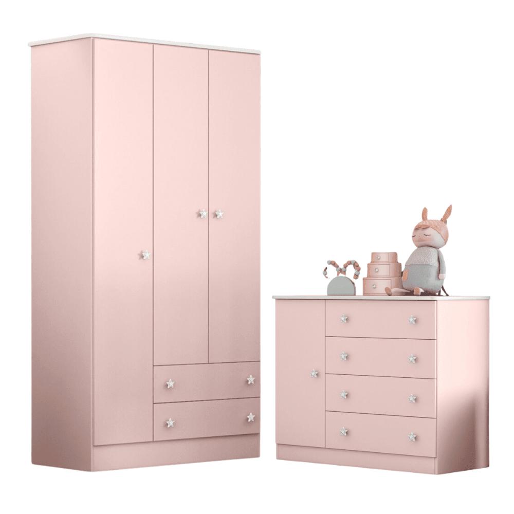 Conjunto Aurora Rosa Acetinado: Cômoda Sapateira Aurora + Guarda-Roupa Aurora 3 portas e 2 gavetas