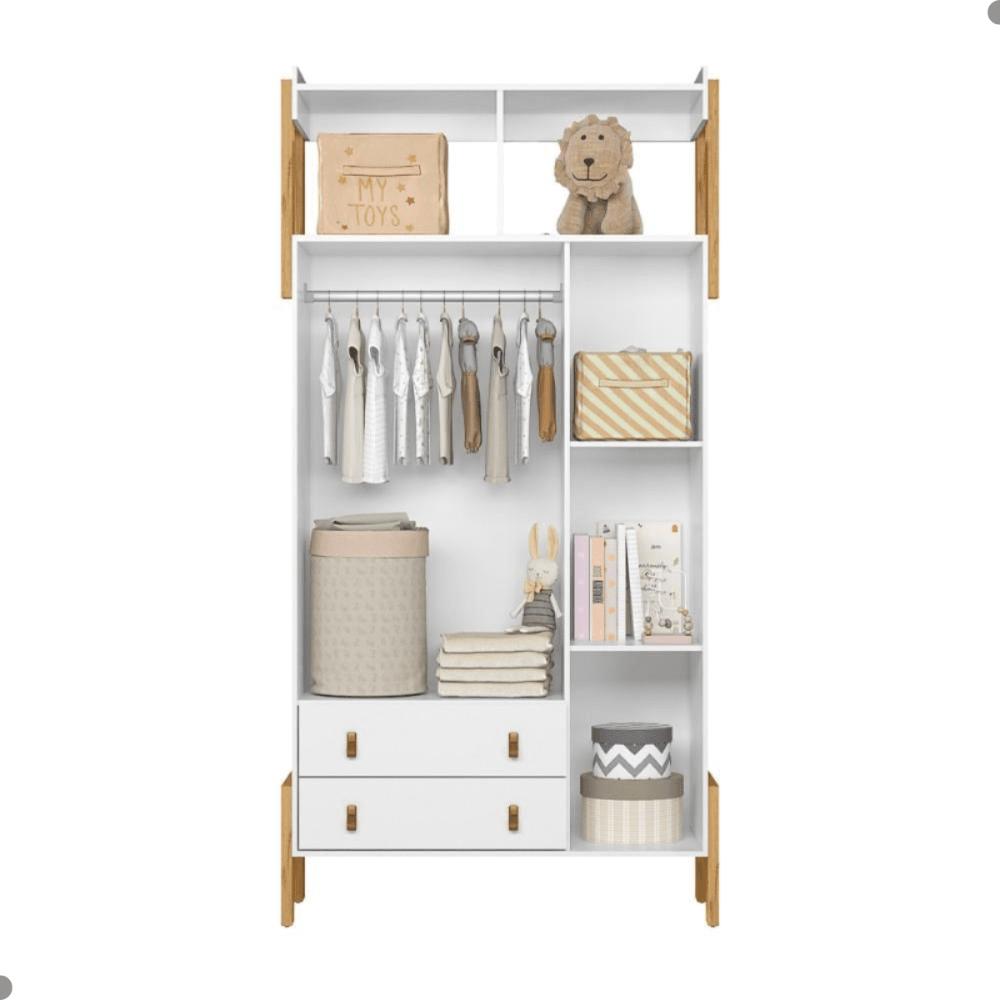 Conjunto Infantil Alegria Branco Acetinado: Berço Alegria Mini Cama + Cômoda Alegria + Guarda-Roupa Alegria 3 portas 2 Gavetas