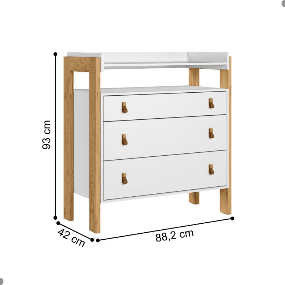 Conjunto Infantil Alegria Branco Acetinado: Berço Alegria Mini Cama + Cômoda Alegria + Guarda-Roupa Alegria 3 portas 2 Gavetas