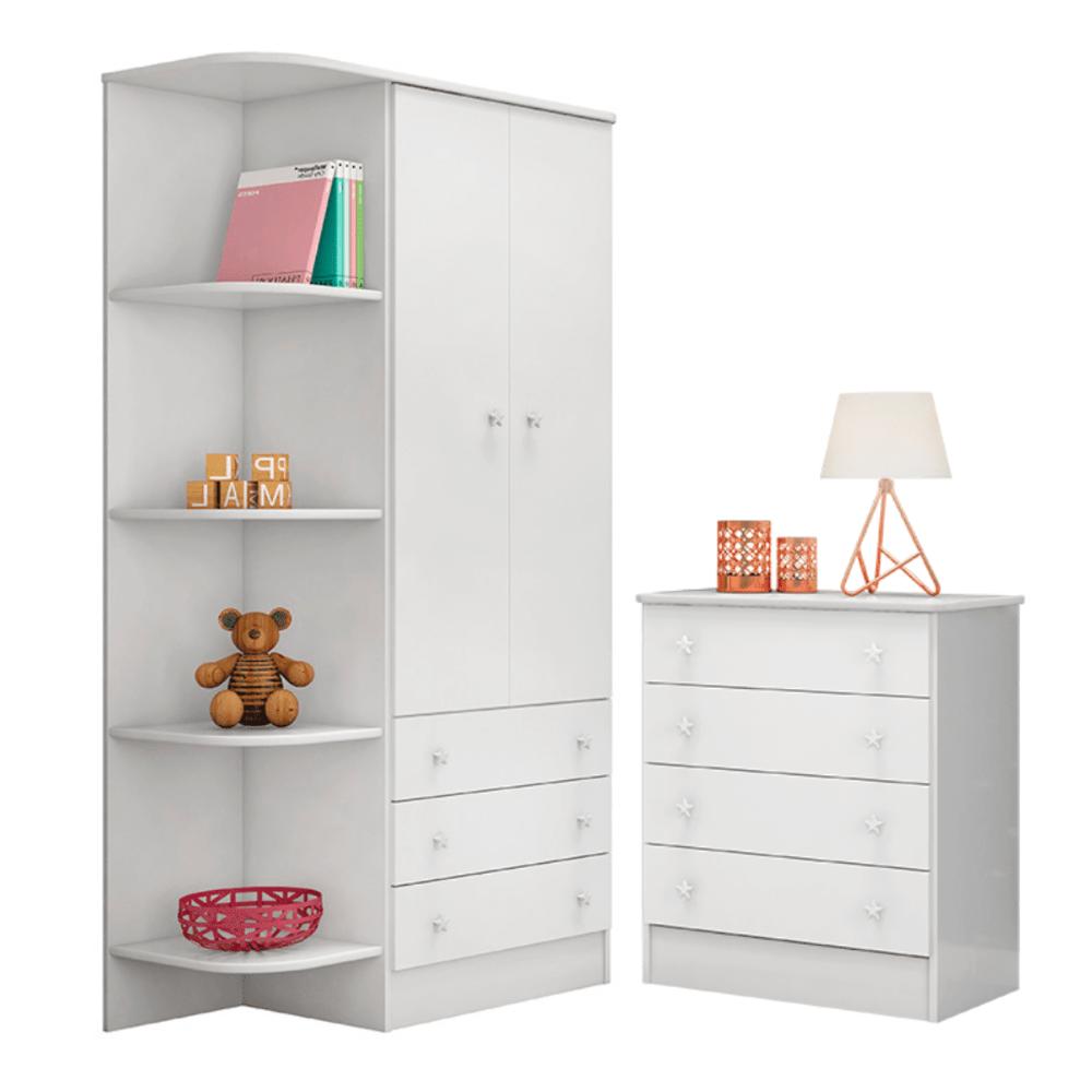 Conjunto Infantil Aurora Branco/Branco: Cômoda  4 Gavetas Aurora + Guarda-Roupa Aurora 2 portas