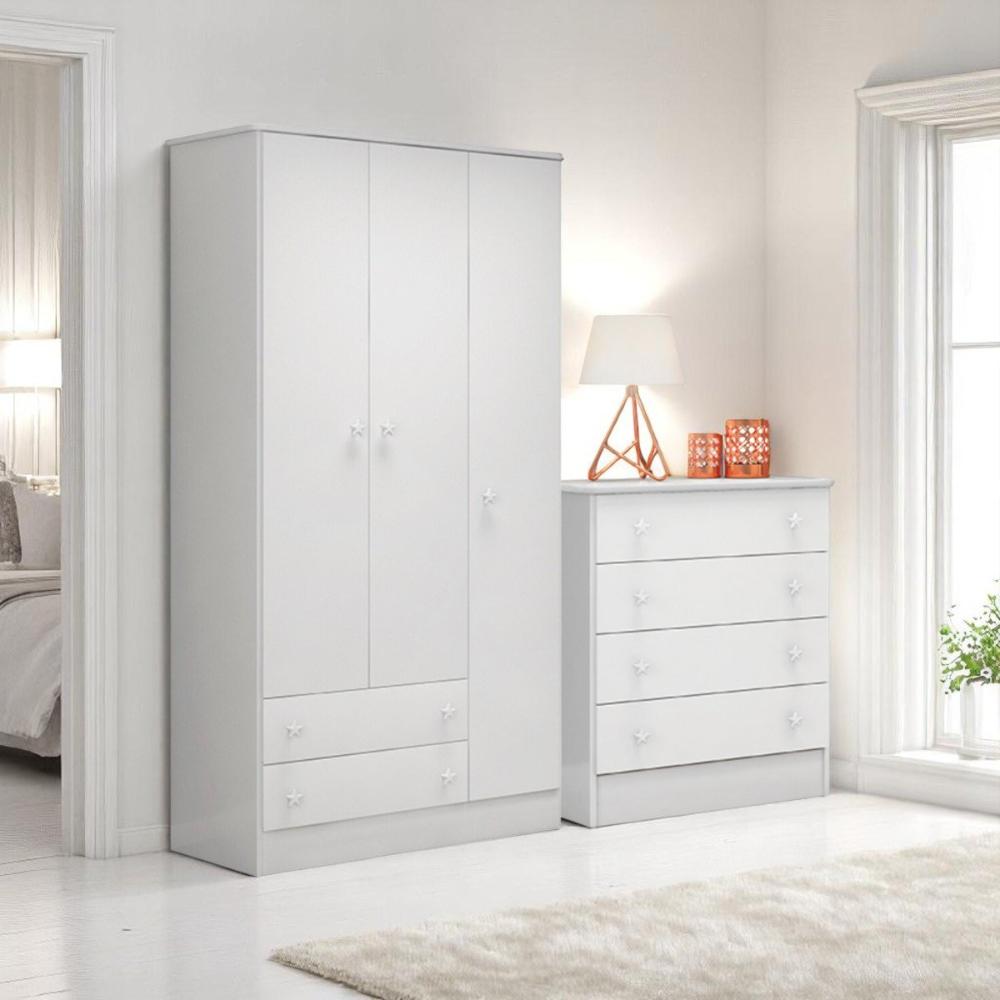 Conjunto Infantil Aurora Branco/Branco: Cômoda 4 Gavetas Aurora + Guarda-Roupa Aurora 3 portas