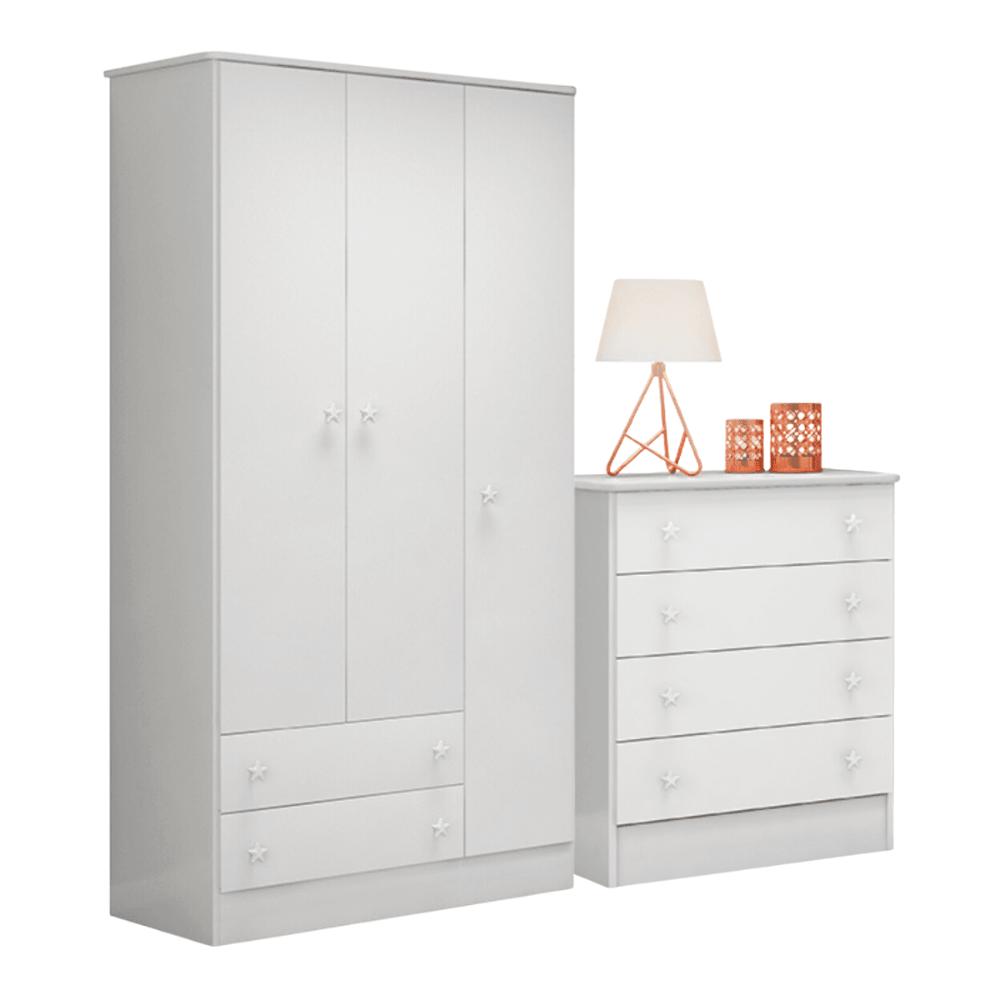 Conjunto Infantil Aurora Branco/Branco: Cômoda 4 Gavetas Aurora + Guarda-Roupa Aurora 3 portas