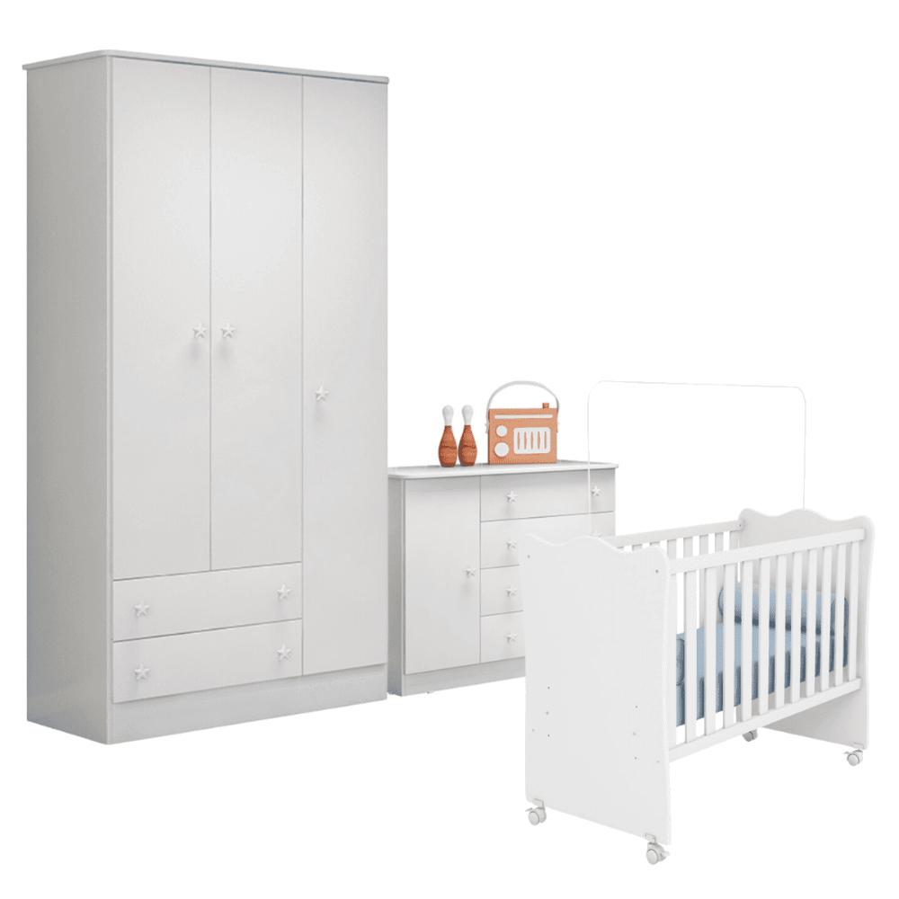 Conjunto Infantil Aurora Branco: Berço Aurora + Kit Rodízios + Cômoda Aurora + Guarda-Roupa Aurora