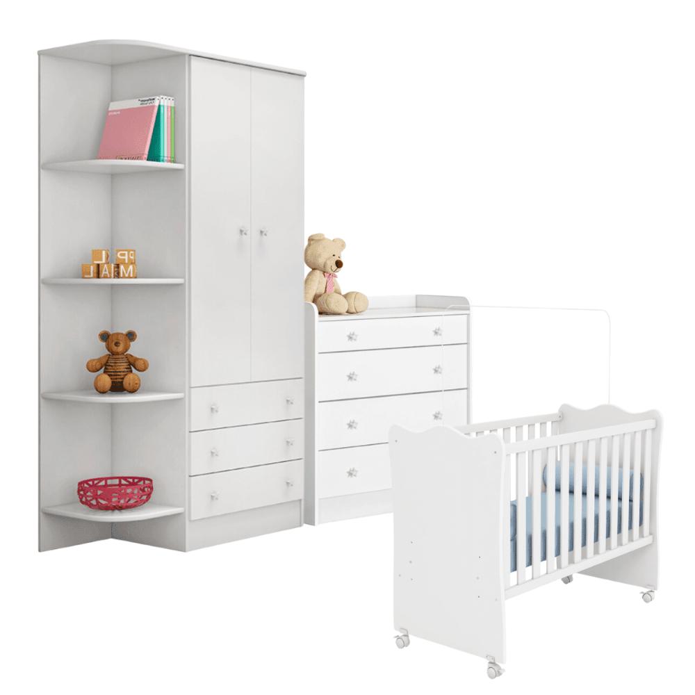 Conjunto Infantil Aurora Branco: Berço Aurora + Kit Rodízios + Cômoda Aurora + Guarda-Roupa Aurora
