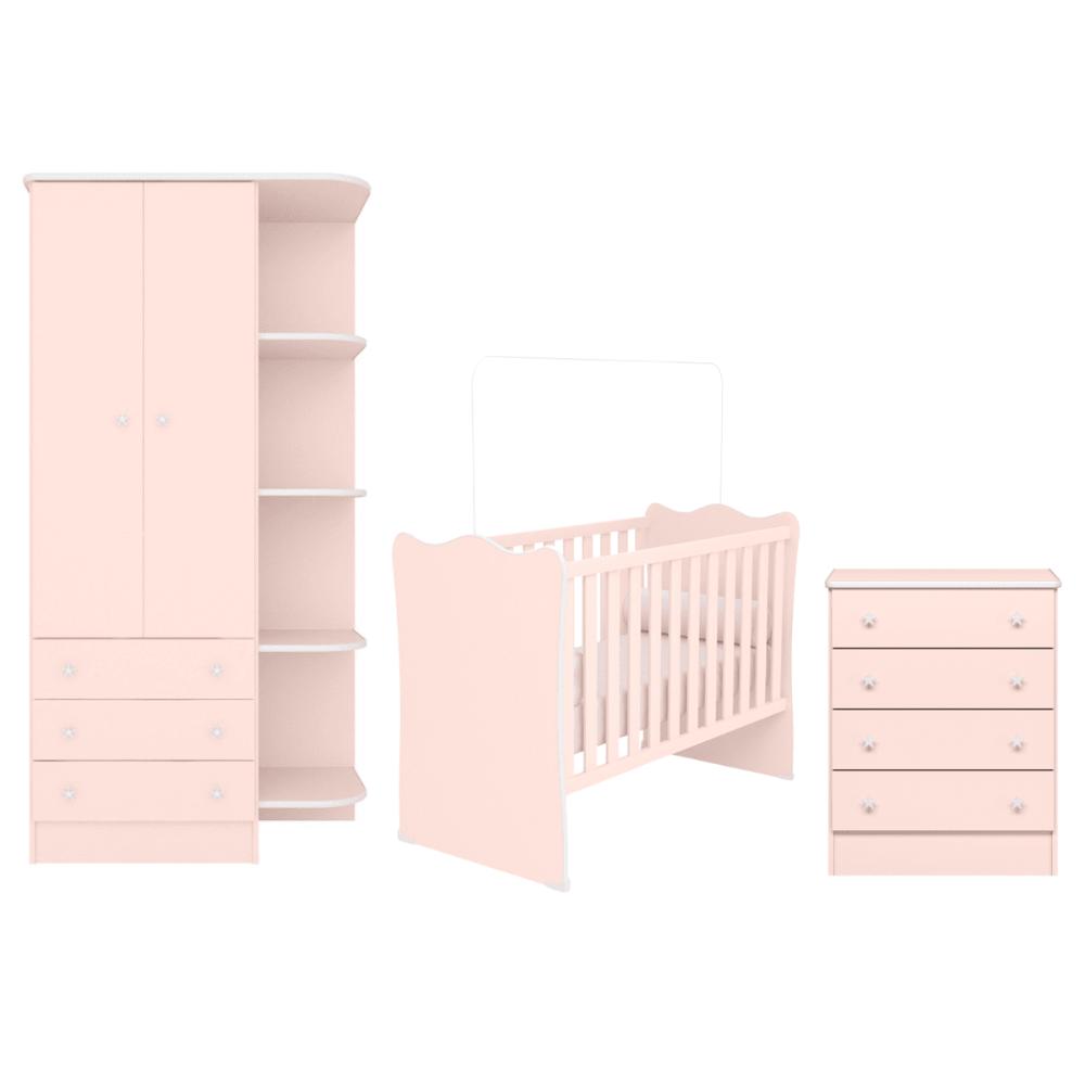 Conjunto Infantil Aurora Rosa Acetinado: Berço Aurora + Cômoda Aurora + Guarda-Roupa Aurora