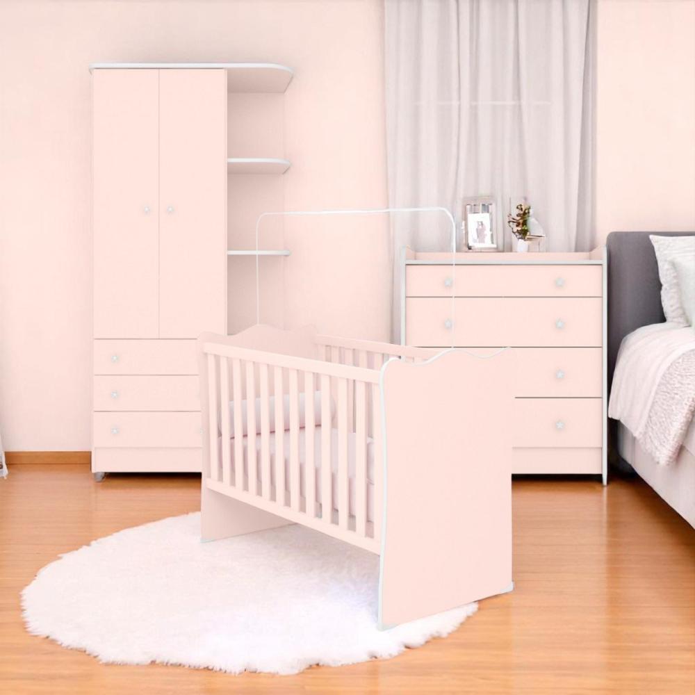 Conjunto Infantil Aurora Rosa Acetinado: Berço Aurora + Cômoda Aurora + Guarda-Roupa Aurora