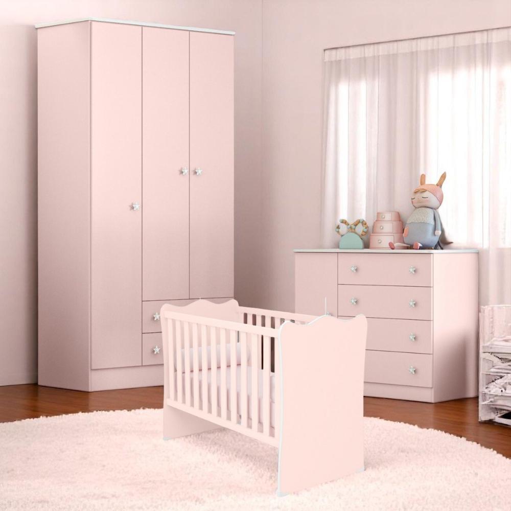 Conjunto Infantil Aurora Rosa Acetinado: Berço Aurora + Kit Rodízios + Cômoda Aurora + Guarda-Roupa Aurora