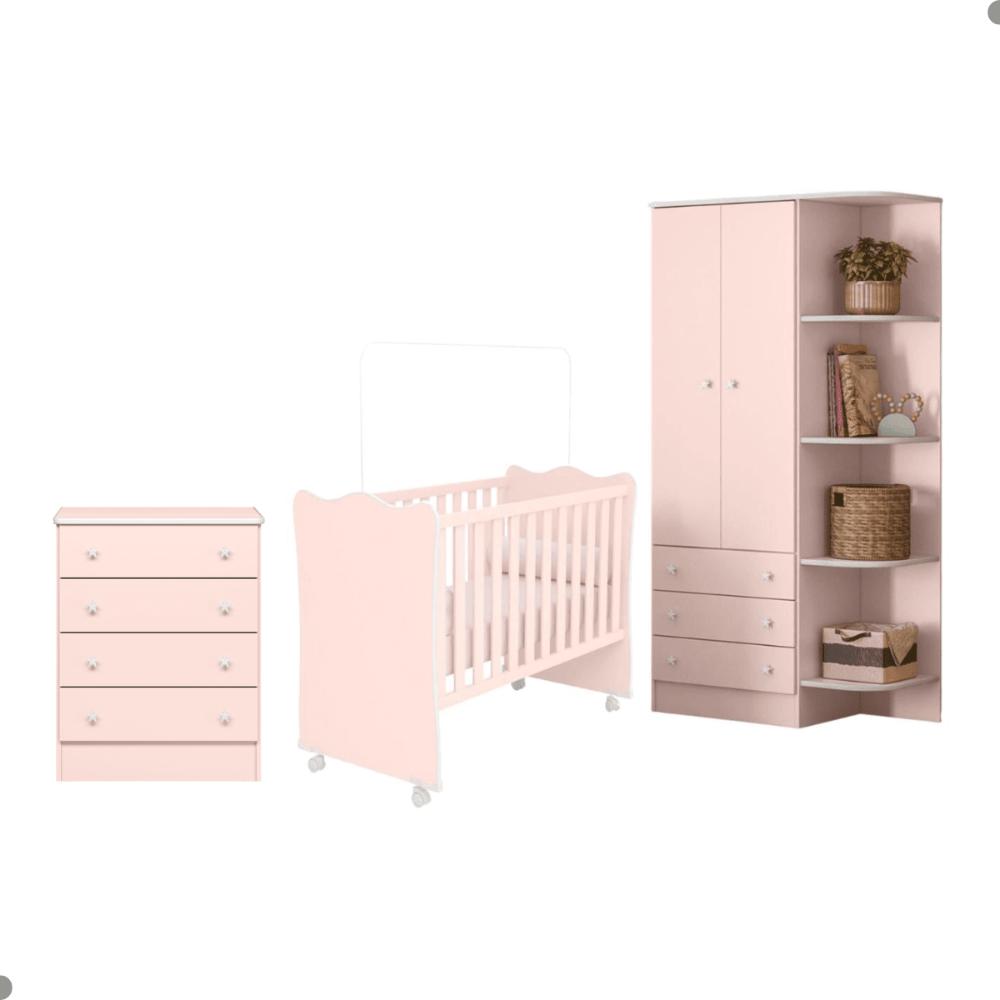 Conjunto Infantil Aurora Rosa Acetinado: Berço Aurora + Kit Rodízios + Cômoda Aurora + Guarda-Roupa Aurora