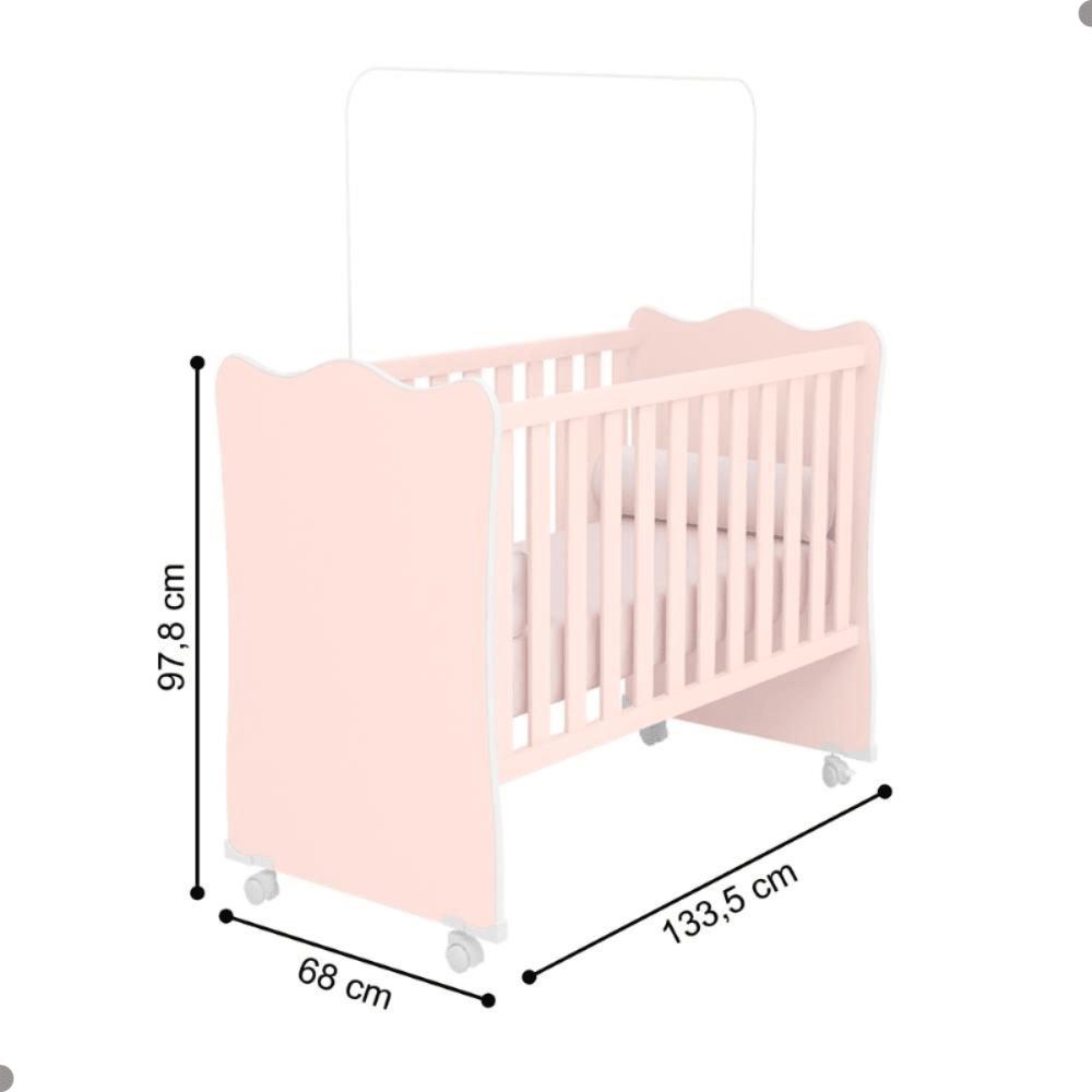 Conjunto Infantil Aurora Rosa Acetinado: Berço Aurora + Kit Rodízios + Cômoda Aurora + Guarda-Roupa Aurora
