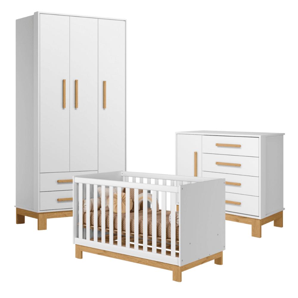 Conjunto Infantil Luar Branco Acetinado: Berço Luar Mini Cama + Cômoda Luar + Guarda-Roupa Luar