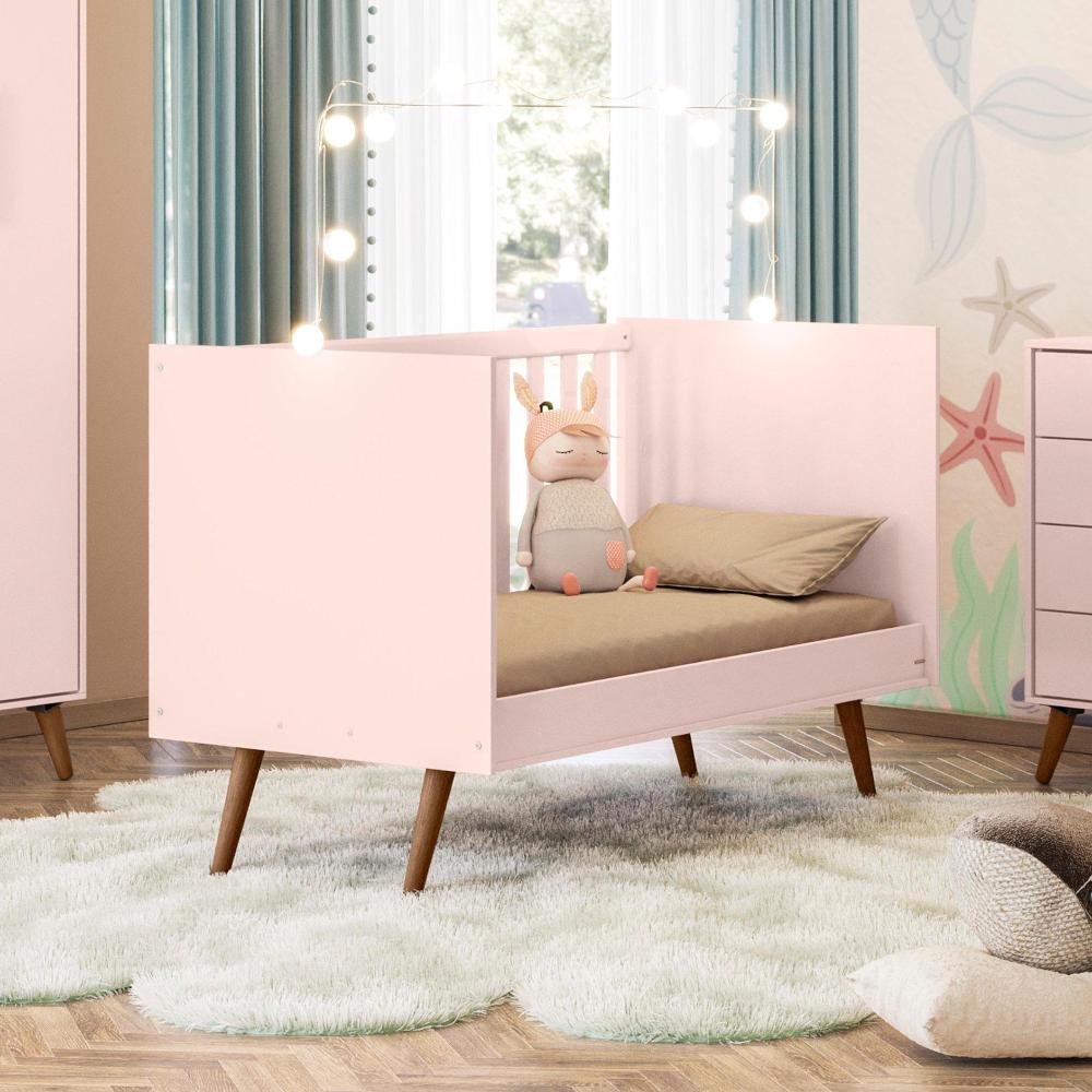 Conjunto Infantil Retrô Rosa Orion: Berço Orion Mini Cama + Cômoda Luma