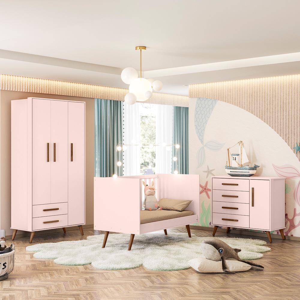 Conjunto Infantil Retrô Rosa Orion: Berço Orion Mini Cama + Guarda-Roupa Orion + Cômoda Orion