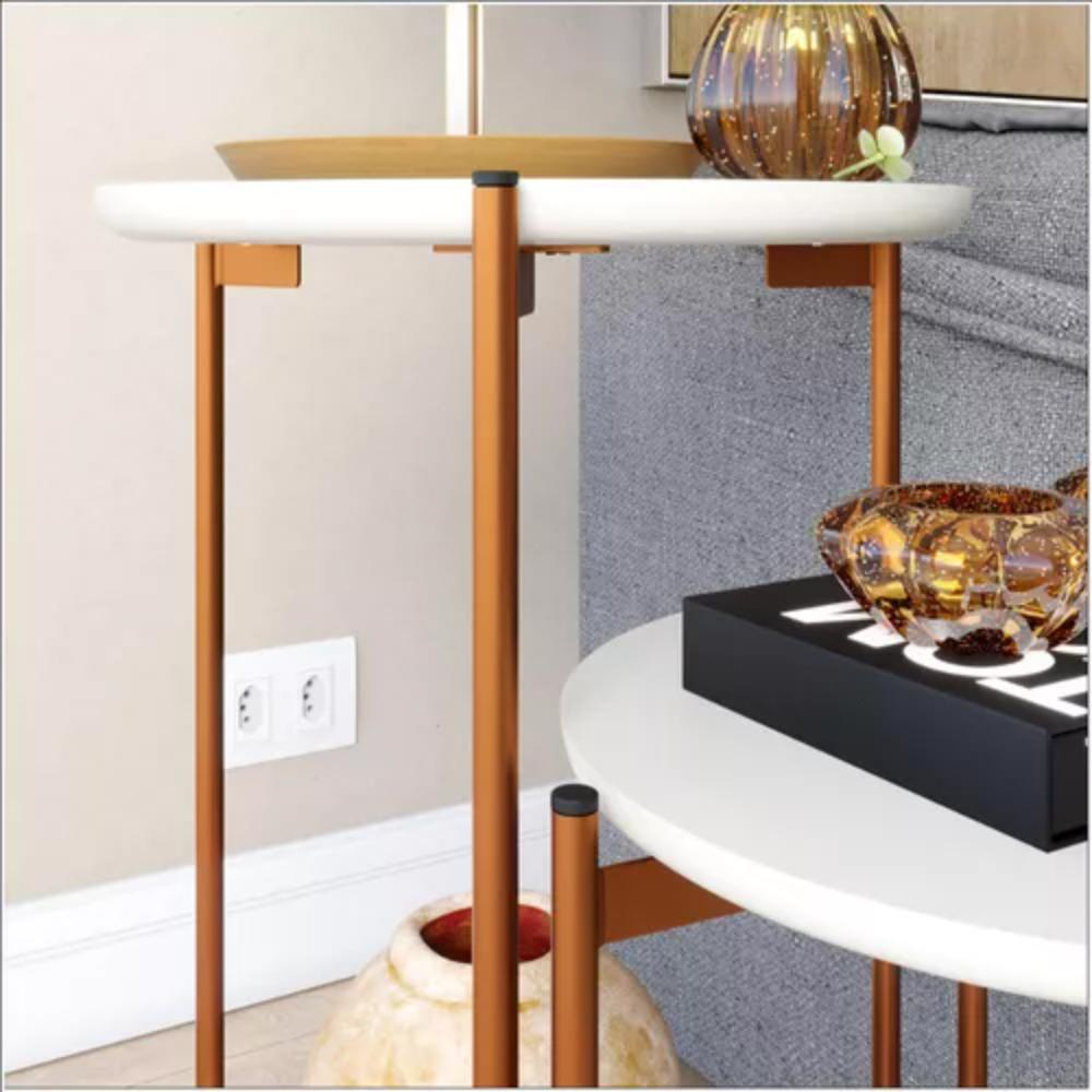 Conjunto Mesa de centro e Lateral Liora Branca com Pés de Ferro Bronze