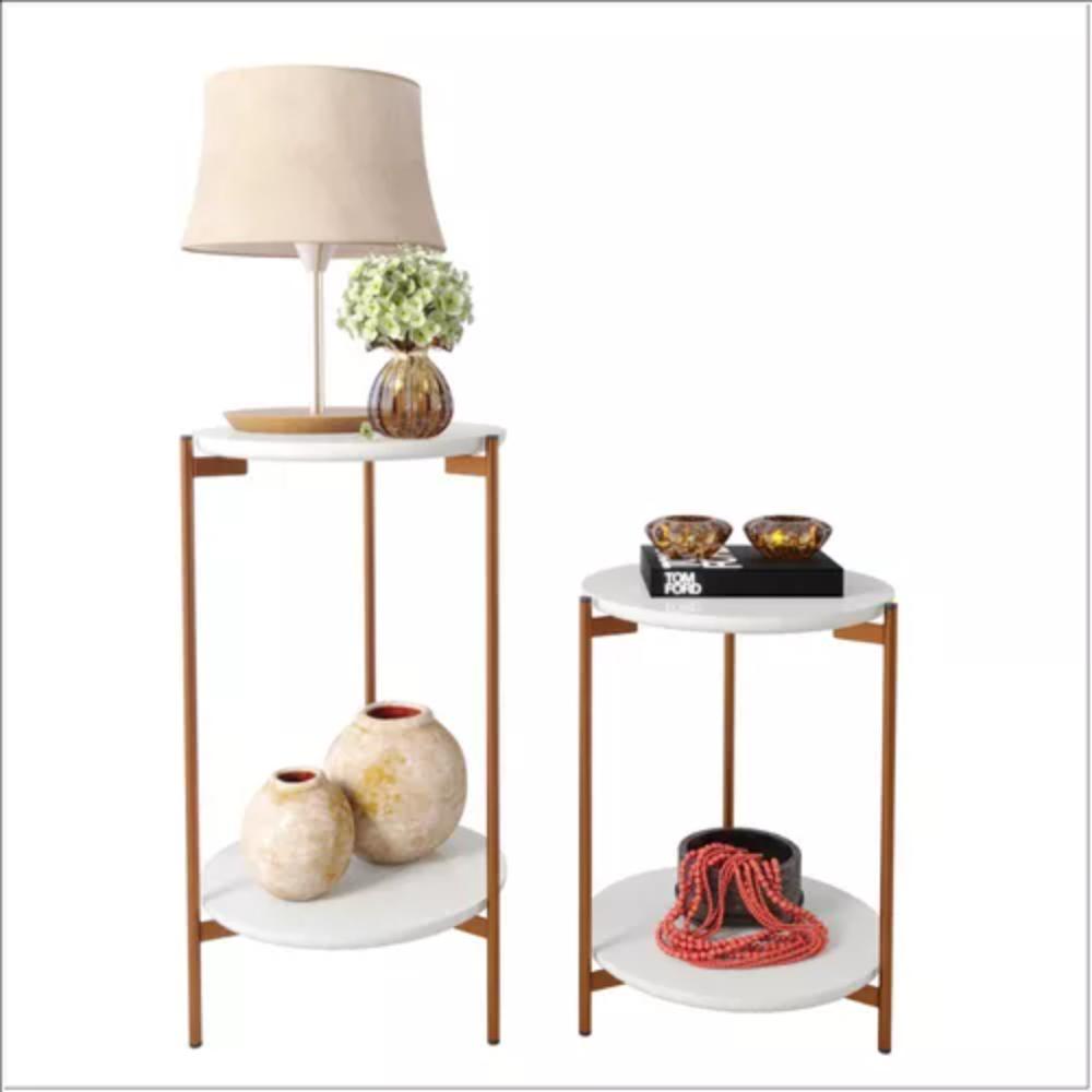 Conjunto Mesa de centro e Lateral Liora Branca com Pés de Ferro Bronze