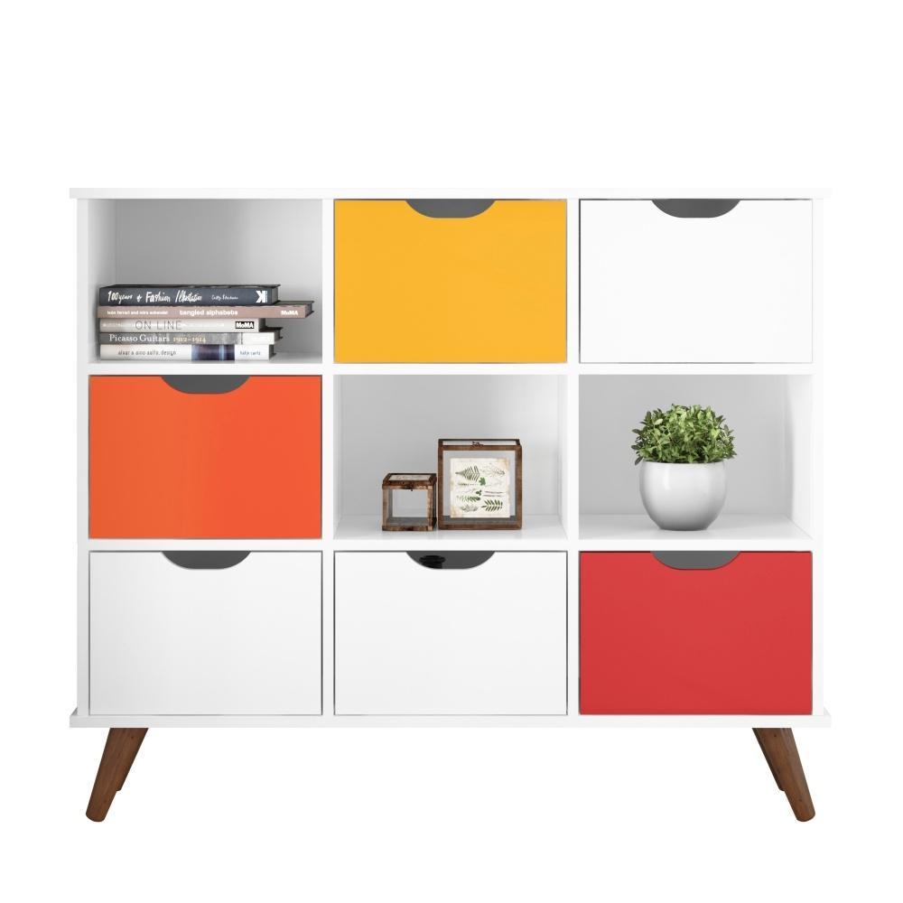 Conjunto Nicho Organizador Zuri 9 Espaços Retrô Branco + Kit 3 Gavetas Coloridas + Kit 3 Gavetas Brancas