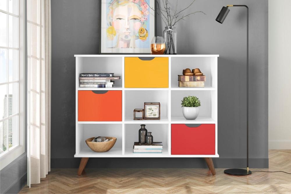 Conjunto Nicho Organizador Zuri 9 Espaços Retrô Branco + Kit 3 Gavetas Coloridas