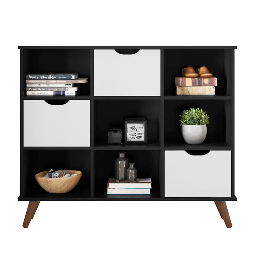 Conjunto Nicho Organizador Zuri 9 Espaços Retrô Preto + Kit 3 Gavetas Brancas