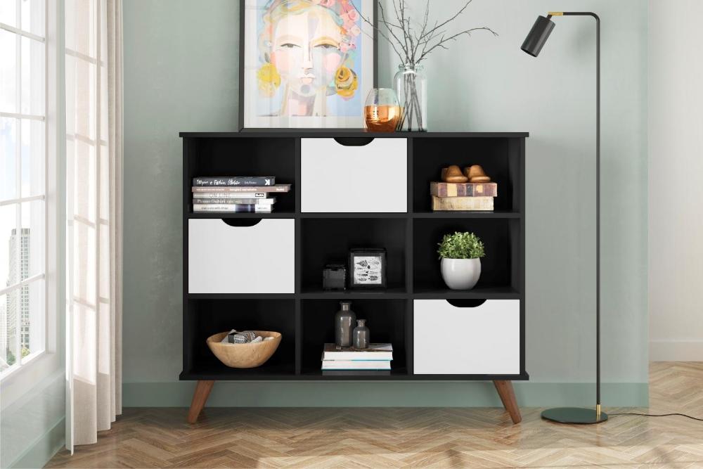 Conjunto Nicho Organizador Zuri 9 Espaços Retrô Preto + Kit 3 Gavetas Brancas