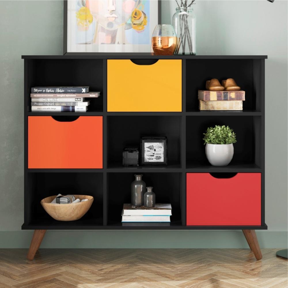 Conjunto Nicho Organizador Zuri 9 Espaços Retrô Preto + Kit 3 Gavetas Coloridas