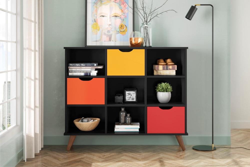 Conjunto Nicho Organizador Zuri 9 Espaços Retrô Preto + Kit 3 Gavetas Coloridas