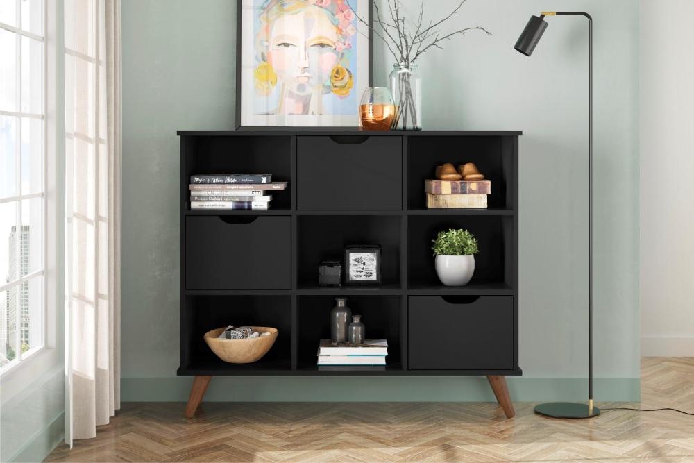 Conjunto Nicho Organizador Zuri 9 Espaços Retrô Preto + Kit 3 Gavetas Pretas