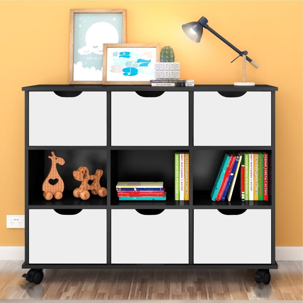 Conjunto Nicho Organizador Zuri 9 Espaços com Rodízios Preto + 2 Kits 3 Gavetas Brancas