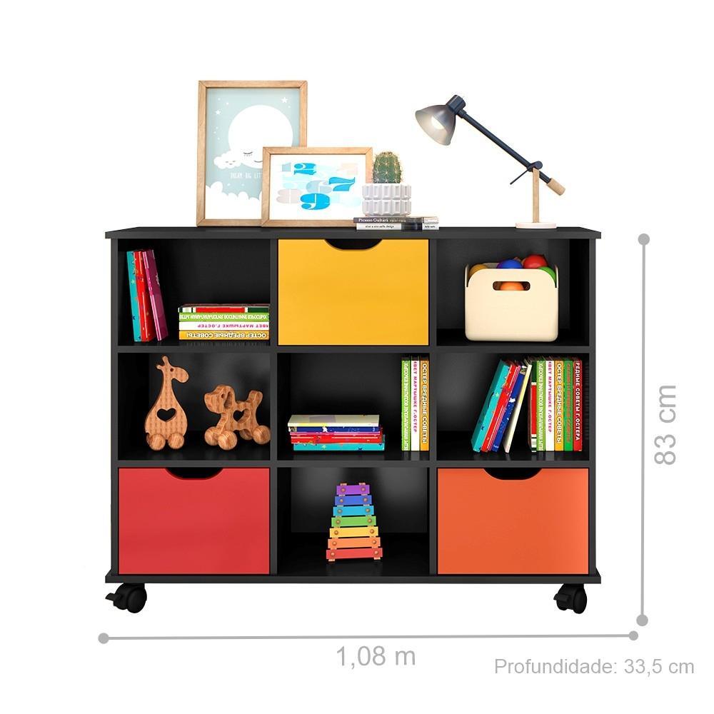 Conjunto Nicho Organizador Zuri 9 Espaços com Rodízios Preto + Kit 3 Gavetas Coloridas