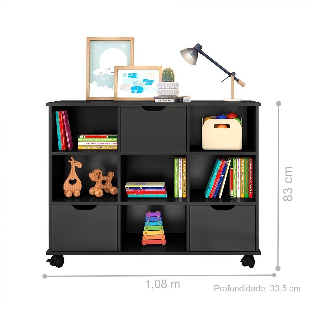 Conjunto Nicho Organizador Zuri 9 Espaços com Rodízios Preto + Kit 3 Gavetas Pretas