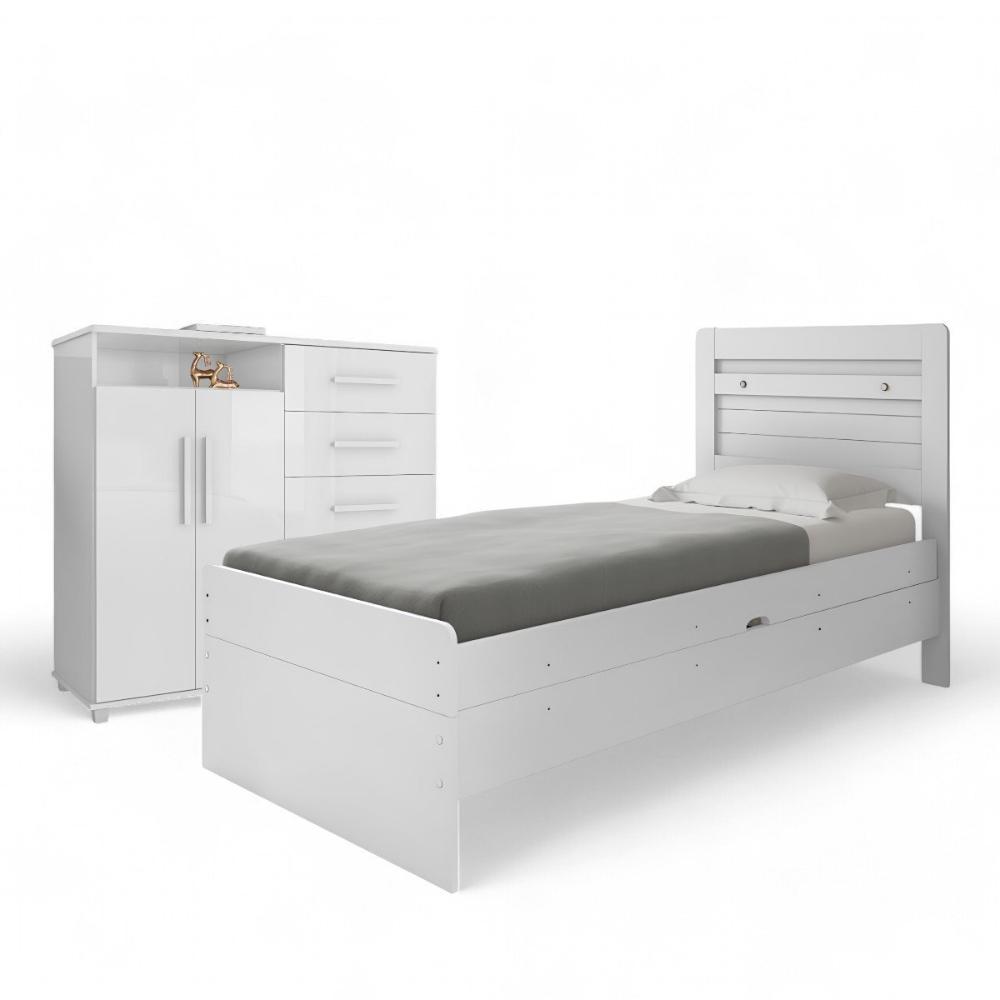Conjunto de Cama com Colchão e Cômoda para Quarto Branco