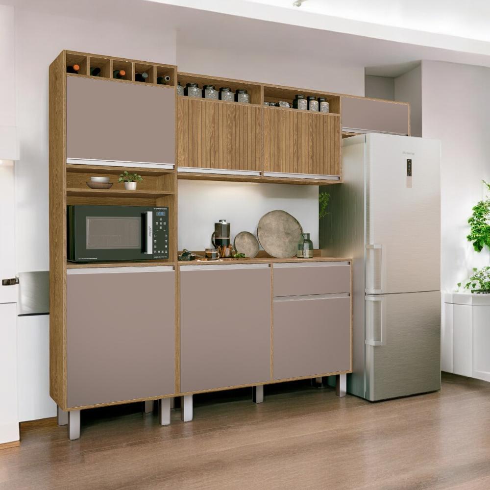 Cozinha Elegante Milano Torre Armário Geladeira Balcão Freijó e Connect