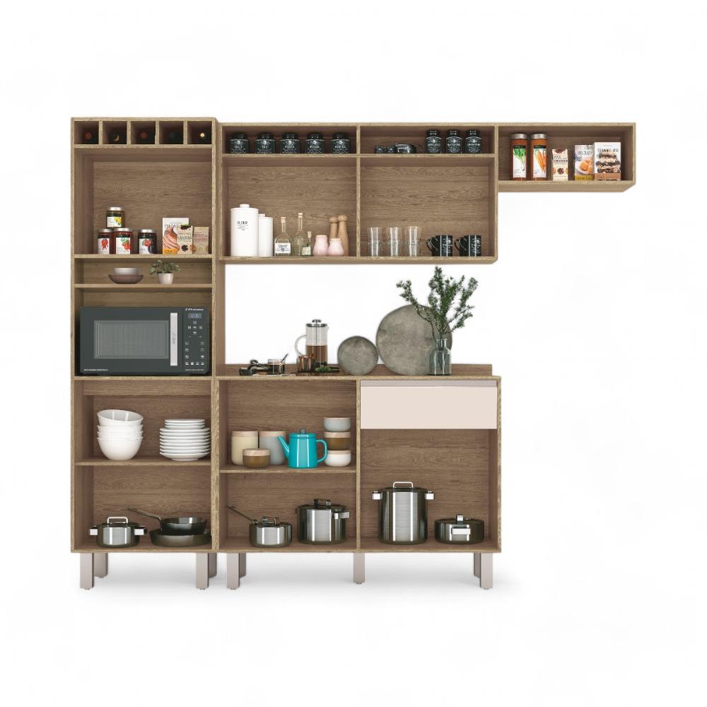 Cozinha Elegante Milano Torre Armário Geladeira Balcão Freijó e Connect