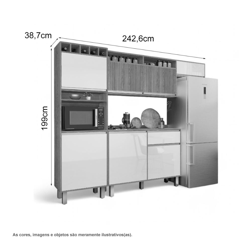 Cozinha Elegante Milano Torre Armário Geladeira Balcão Freijó e Connect