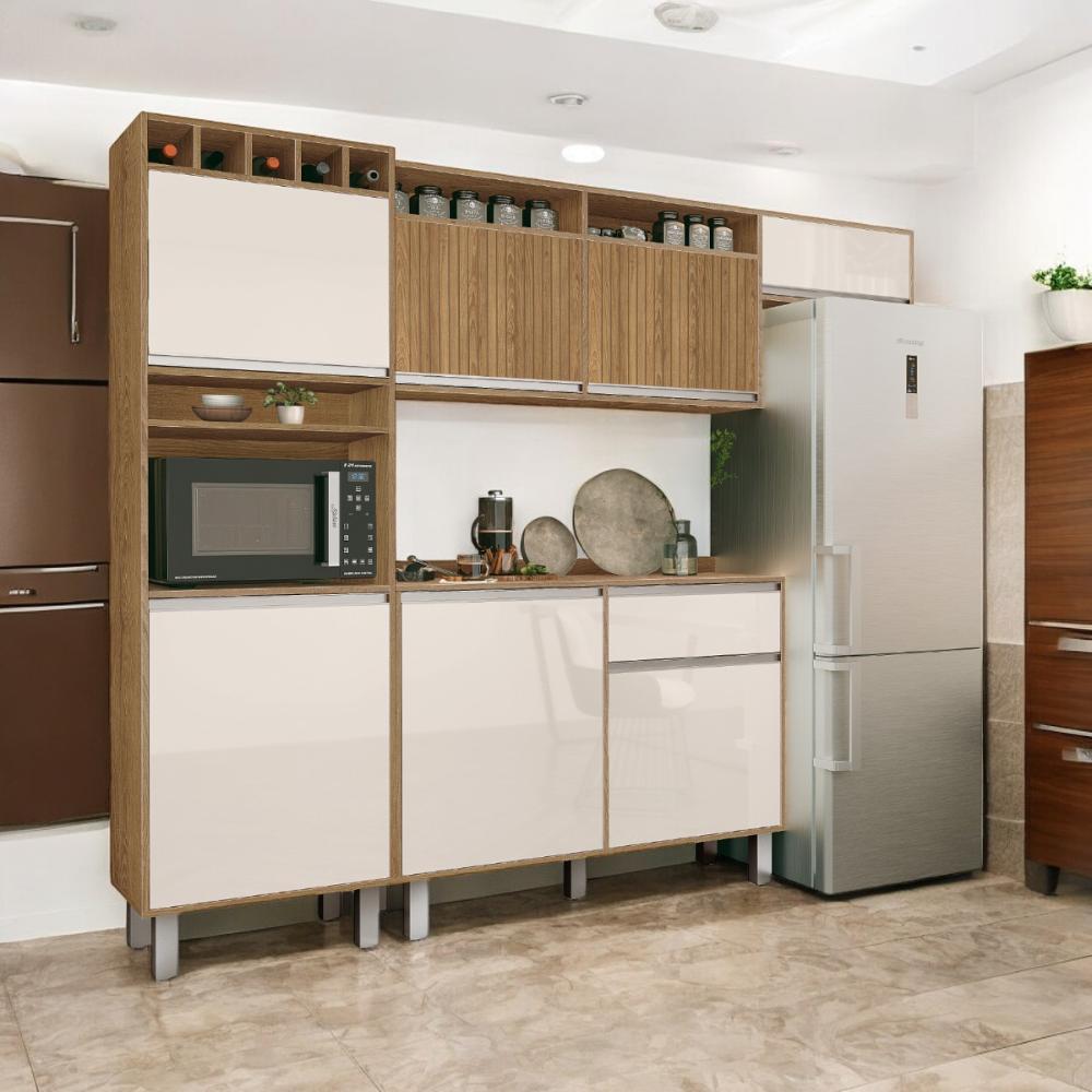 Cozinha Elegante Milano Torre Armário Geladeira Balcão Freijó e Off White