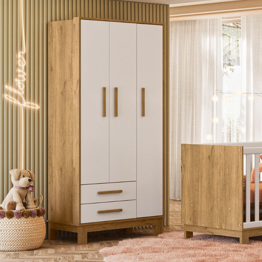 Guarda-Roupa 3 Portas 2 Gavetas Luar Freijo Toq/Branco Acetinado