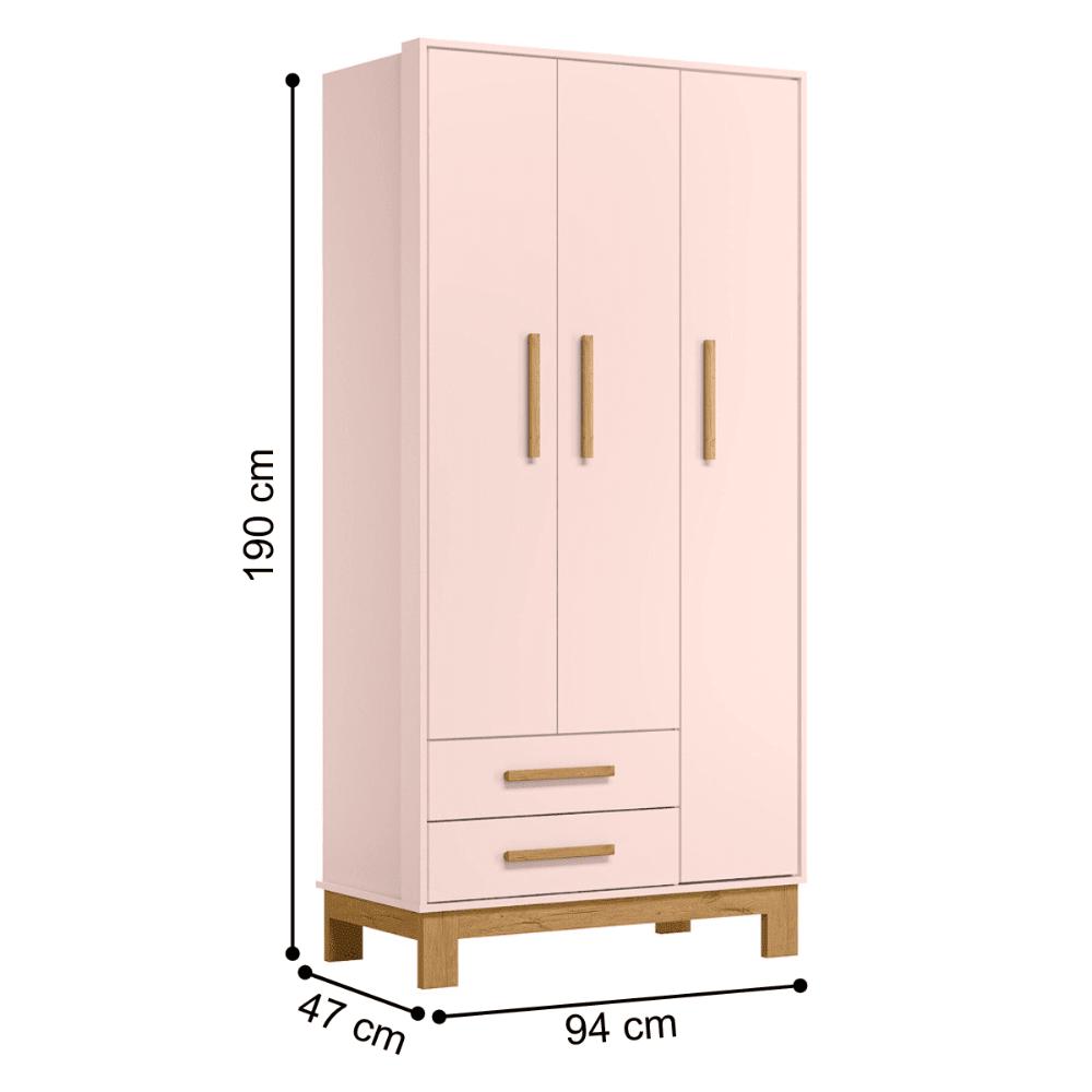 Guarda-Roupa 3 Portas 2 Gavetas Luar Rosa Acetinado