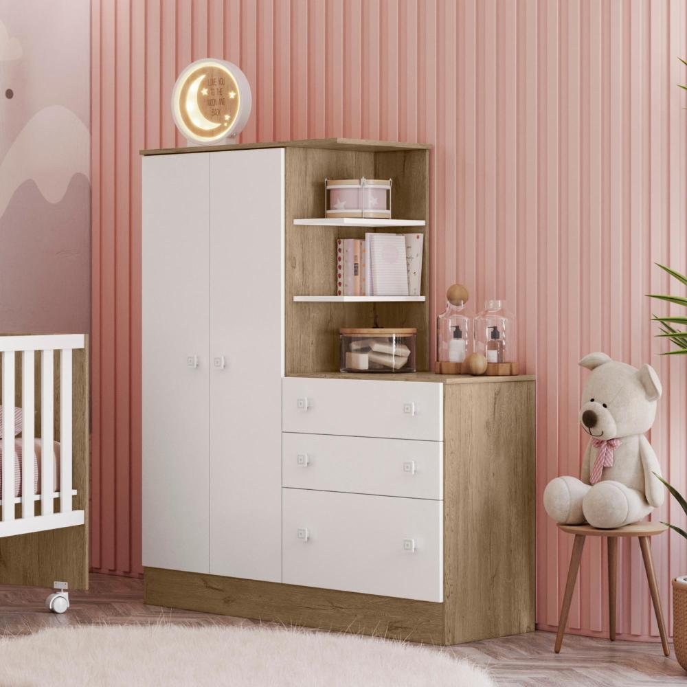 Guarda-Roupa Aurora 2 Portas com Cômoda 3 Gaveteiro  Carv Toq Rústico/Branco