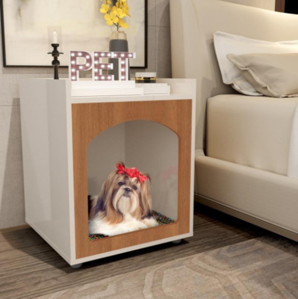 Mesa Cabeceira Casinha de Cachorro/Gato PET Off White/Freijó
