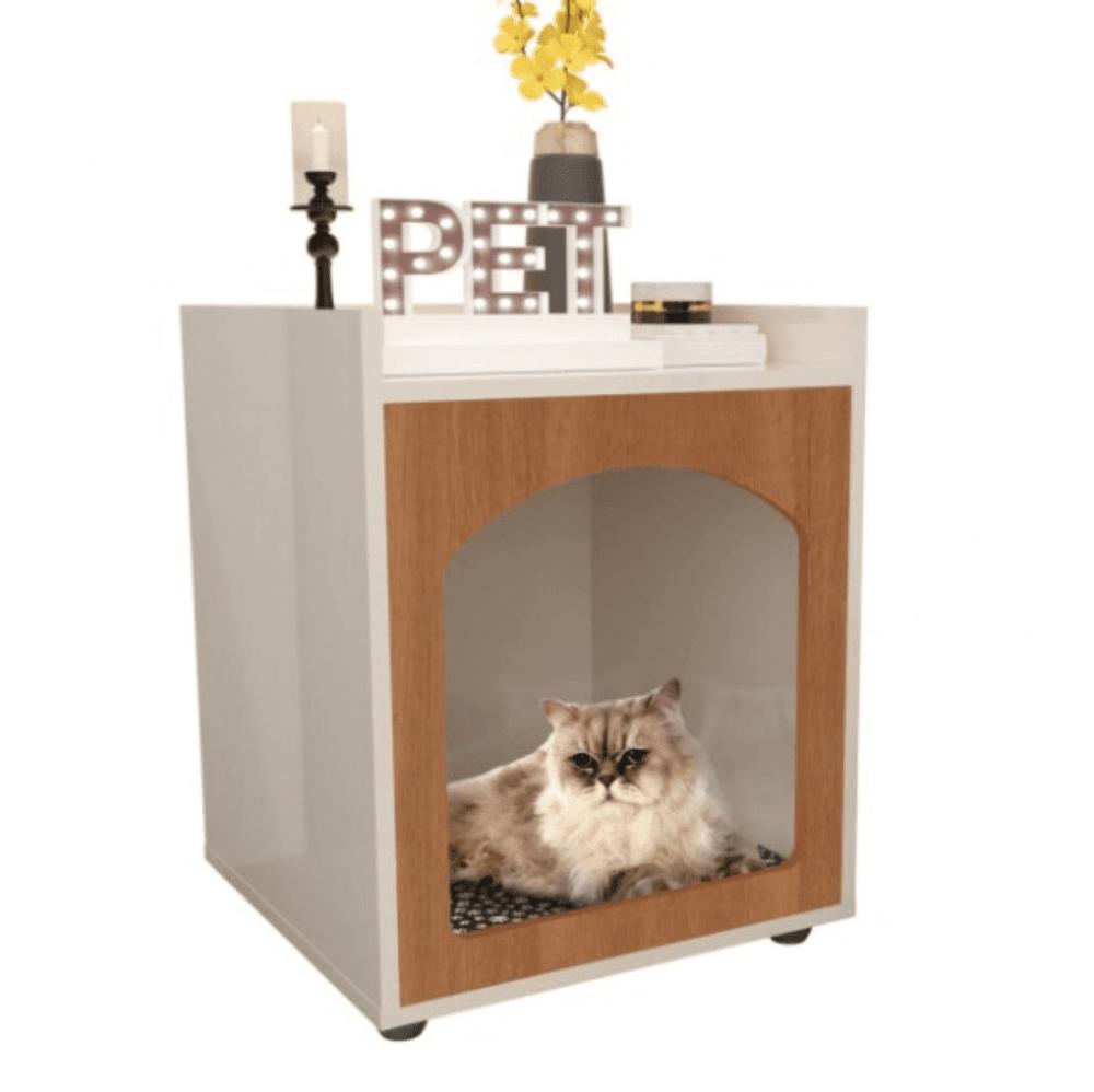 Mesa Cabeceira Casinha de Cachorro/Gato PET Off White/Freijó