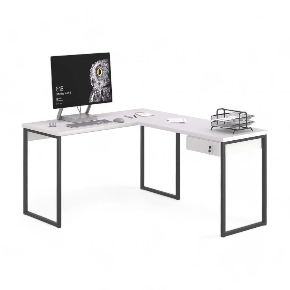 Mesa Home Office Escrivaninha L Shine Branco Com Gaveteiro