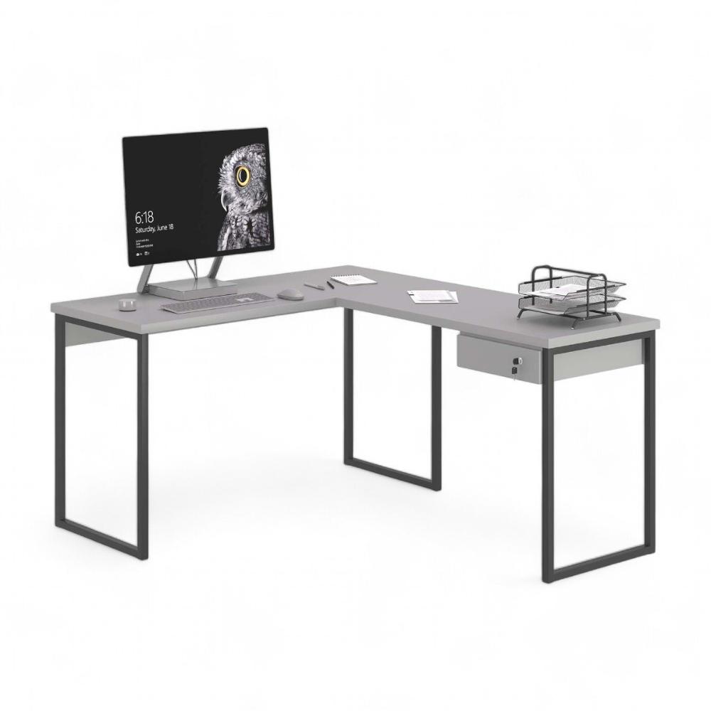 Mesa Home Office Escrivaninha L Shine Cinza Com Gaveteiro