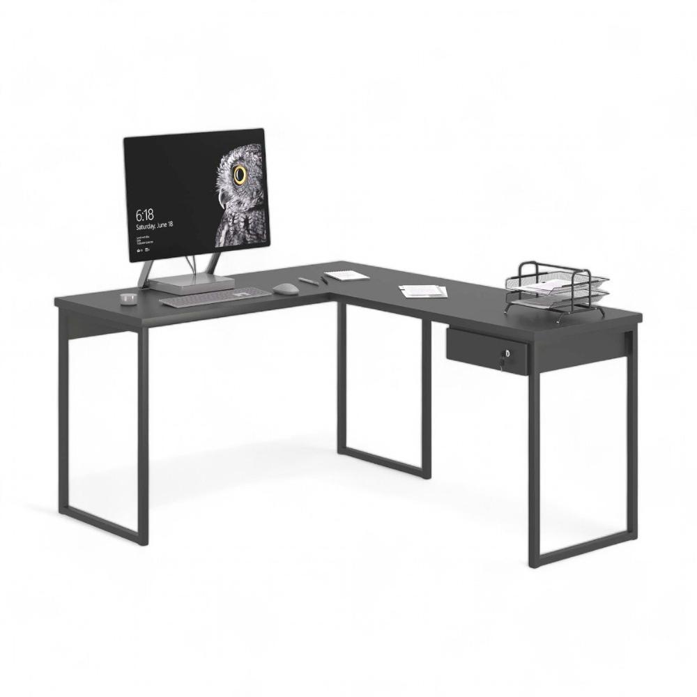 Mesa Home Office Escrivaninha L Shine Preta Com Gaveteiro