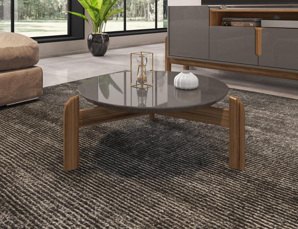 Mesa de Centro Circular para Sala de Estar Luna Cinza Perola/Cedro