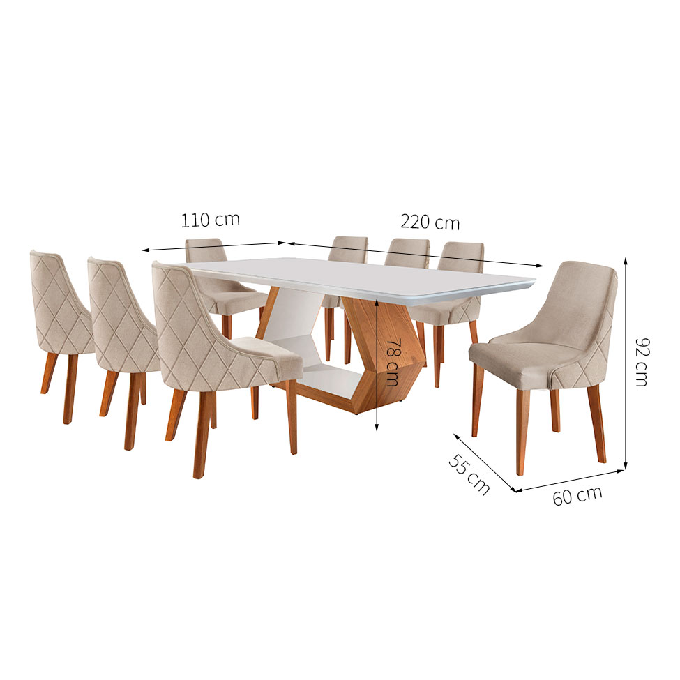Conjunto de Mesa de Jantar Ane II com Tampo de Vidro Off White e 8 Cadeiras Estofadas Esmeralda Veludo Bege