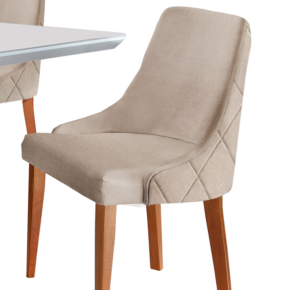 Conjunto de Mesa de Jantar Ane II com Tampo de Vidro Off White e 8 Cadeiras Estofadas Esmeralda Veludo Bege