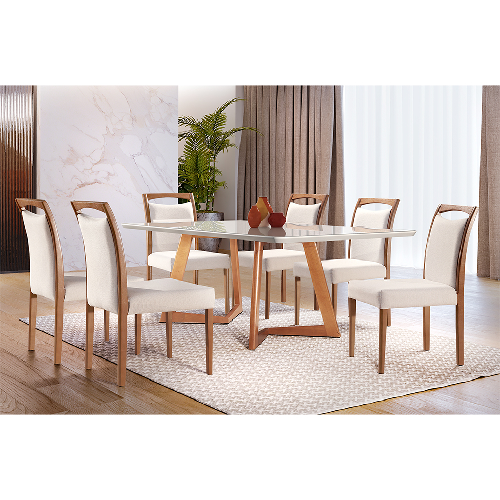 Conjunto de Mesa de Jantar com Tampo de Vidro e 6 Cadeiras Esparta Linho Off White e Imbuia