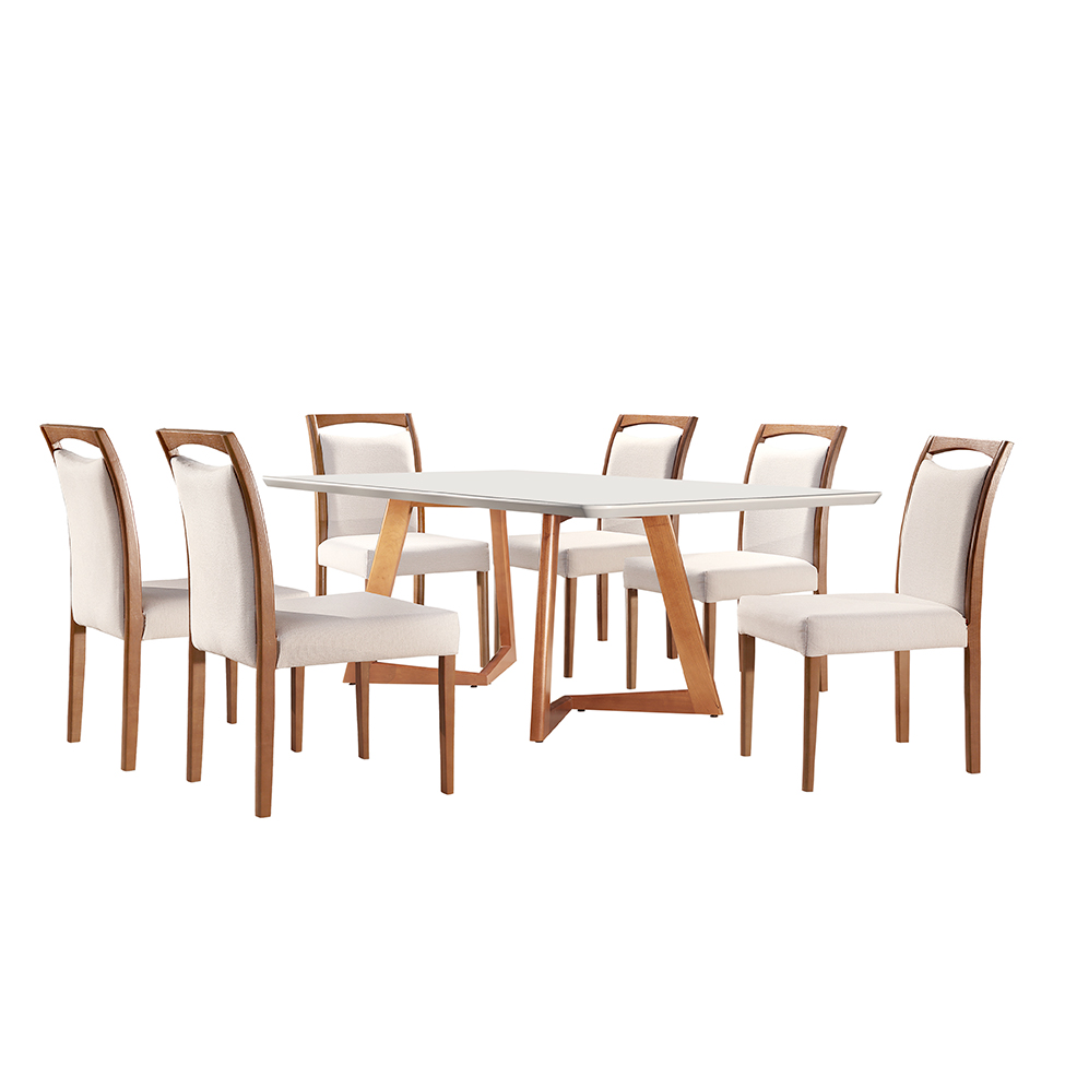Conjunto de Mesa de Jantar com Tampo de Vidro e 6 Cadeiras Esparta Linho Off White e Imbuia