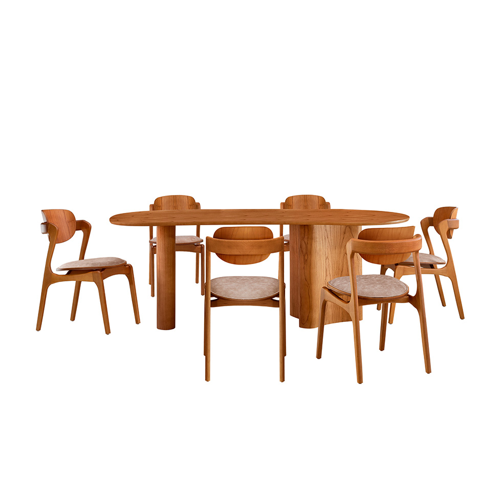 Mesa de Jantar Orgânica Savana com Tampo Laminado e 6 Cadeiras Savana Gold Corino Milano e Imbuia Natural