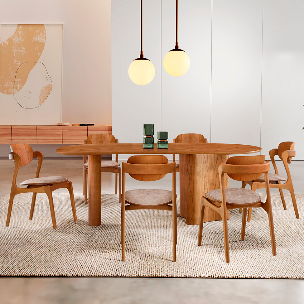 Mesa de Jantar Orgânica Savana com Tampo Laminado e 6 Cadeiras Savana Gold Corino Milano e Imbuia Natural